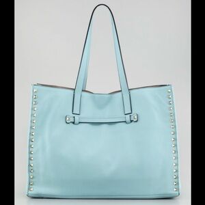 Valentino Rockstud medium light blue soft smooth leather shopping tote bag